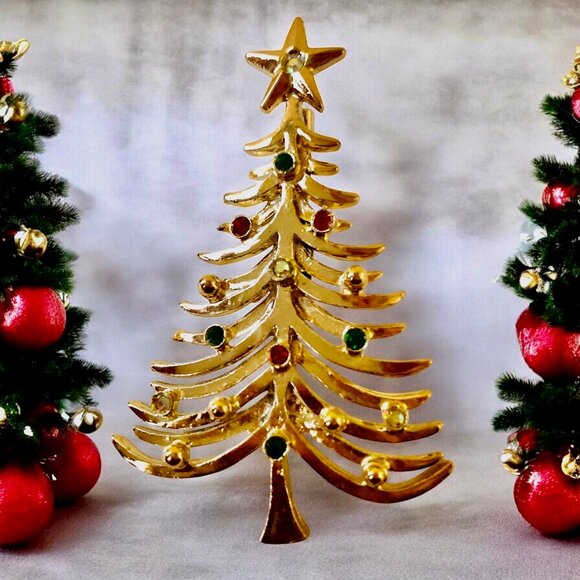 Tancer II Christmas Tree Brooch Vintage Signed Gold-tone Rhinestones - Picture 1 of 12